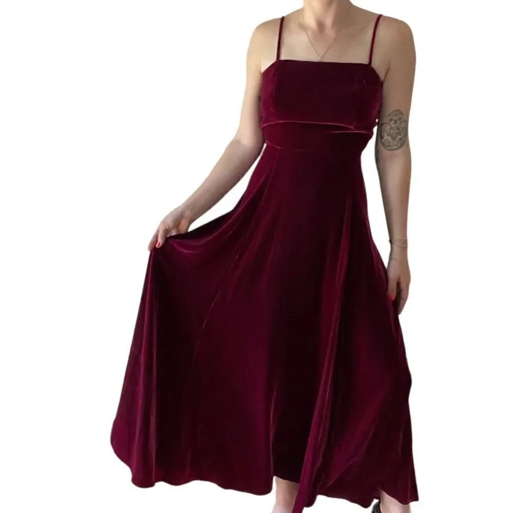Vintage 1970s Womens Bonnie Strauss Red Crushed Velvet Square Neck Maxi Dress S - Picture 5 of 8